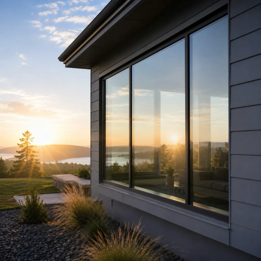 Modern home at sunrise with sunbeams over misty water and hills